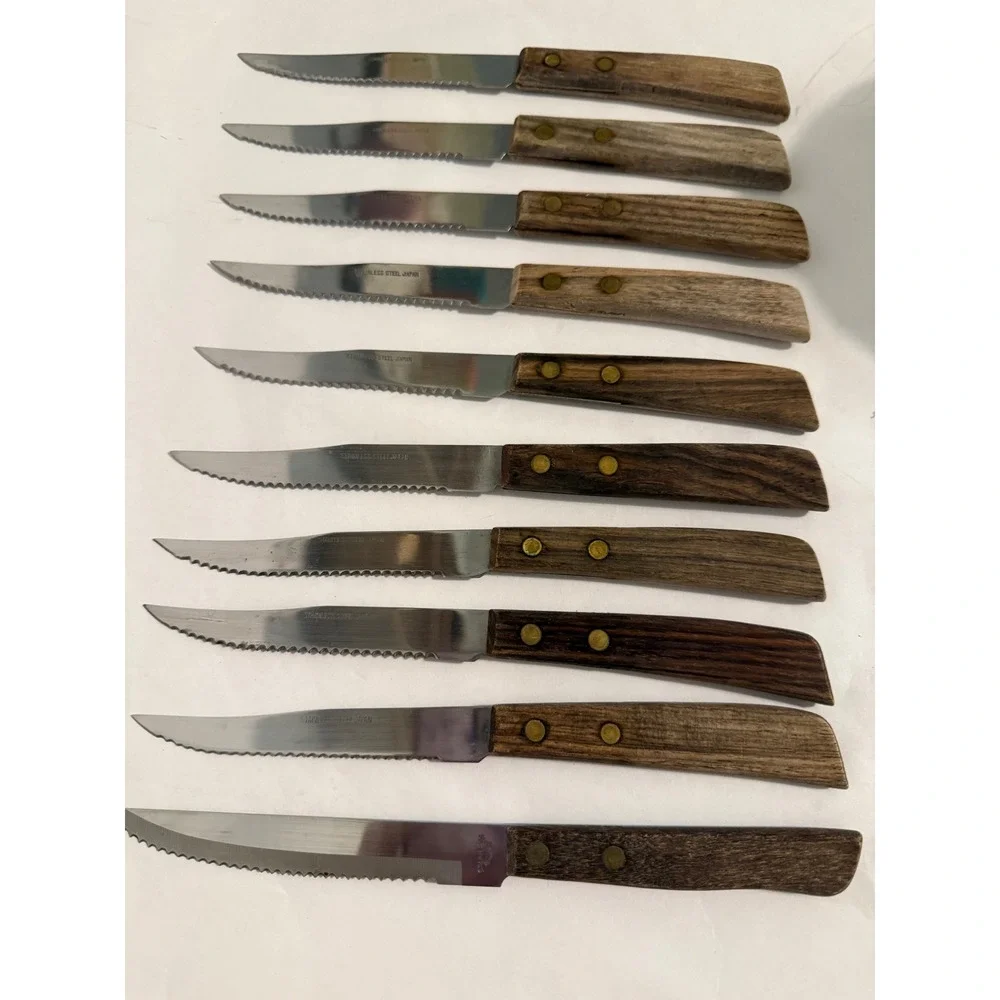 Vintage 10 Piece Serrated Steak Knife Set Wood Handle Stainless Steel Japan 8